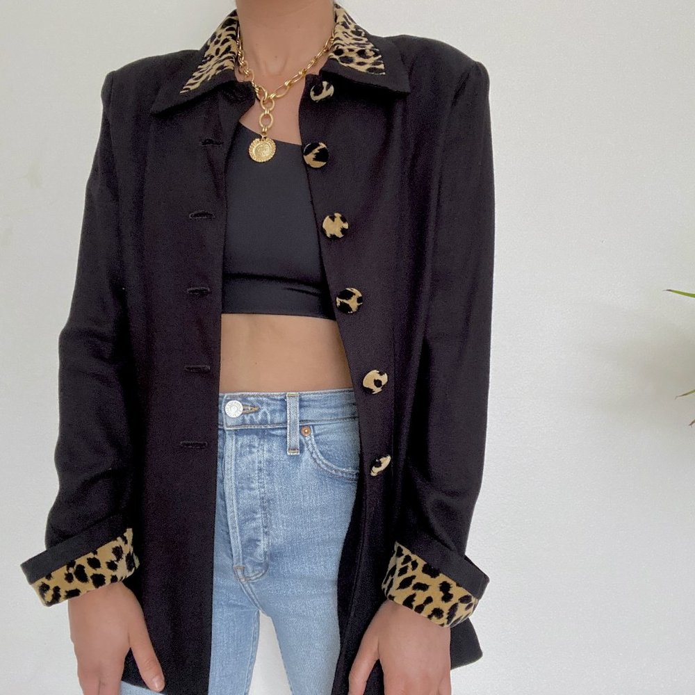 80s Black Cheetah Print Trim Peacoat - Picture 4 of 8